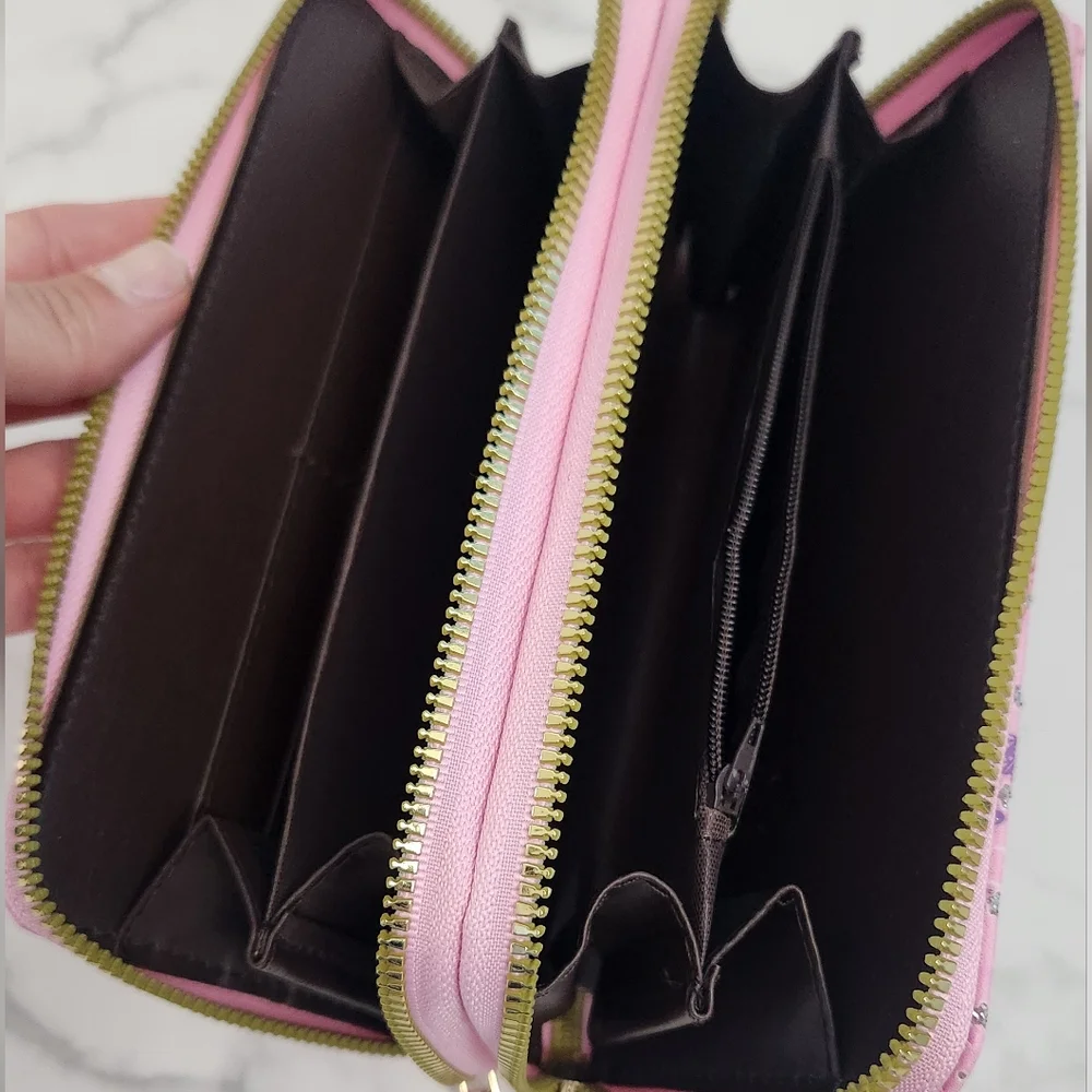 Pink Blush Kiss Glitter Paris Eiffel Tower Print Two Zipper Women's Wallet - Picture 12 of 14